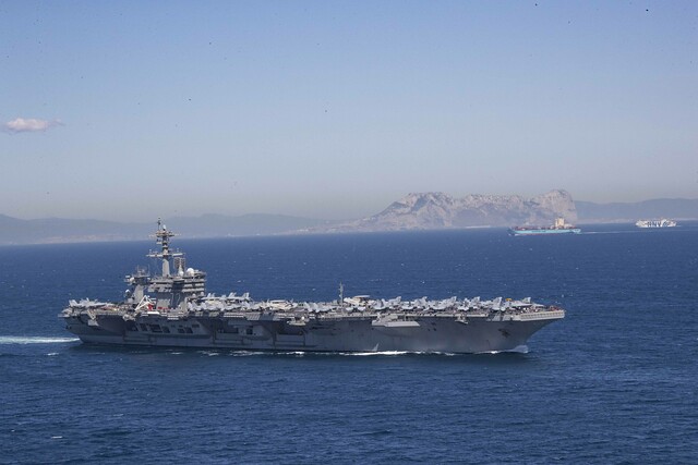 USS Abraham Lincoln (CVN 72) transits the Strait of Gibraltar.
